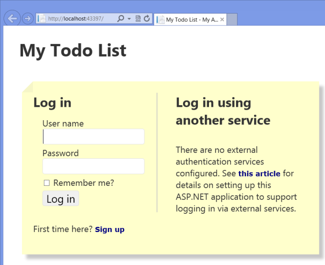 Screenshot that shows the My To do List login screen.