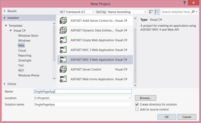 Screenshot that shows the New Project dialog box. The A S P dot NET M V C 4 Web Application template is selected.