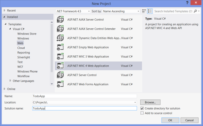 Screenshot that shows the New Project dialog box. The A S P dot NET M V C 4 Web Application template is selected.