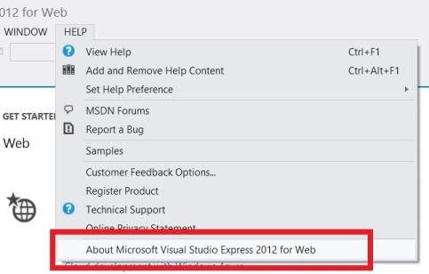 Screenshot that shows the Help drop down menu. About Microsoft Visual Studio Express 2012 for Web is circled in red.