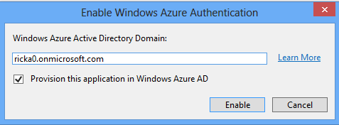 Screenshot showing the Enable Windows Azure Authentication dialog box.