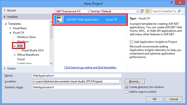 Screenshot showing the New Project window with ASP.NET Web Application selected.