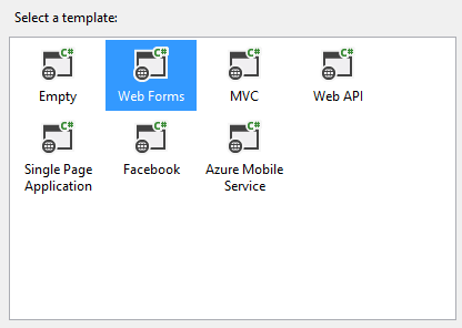 Screenshot showing what happens when the Web Forms template is selected in the Select a template window.