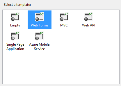 Screenshot showing the Select a template window with the Web Forms template selected.