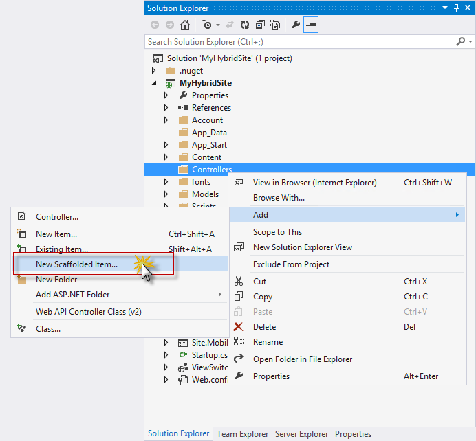 Screenshot showing how to create an MVC Controller by selecting New Scaffolded Item in Solution Explorer.