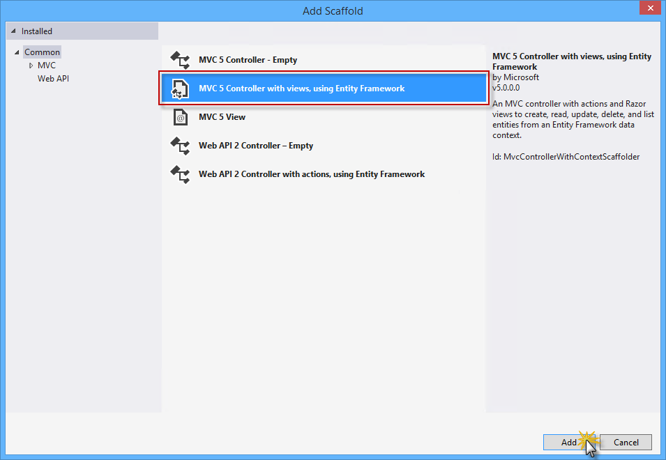 Selecting MVC 5 Controller with views and Entity Framework