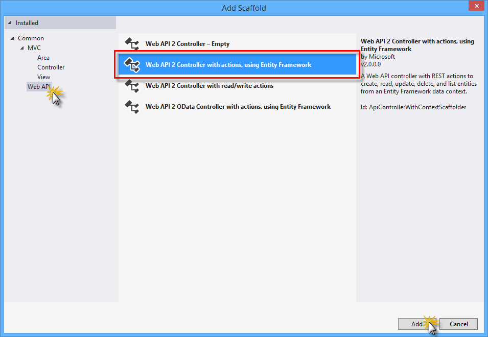 Selecting Web API 2 Controller with actions and Entity Framework