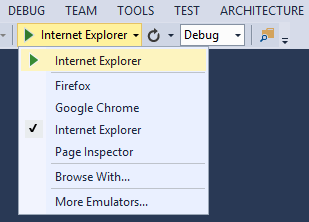 Screenshot of Visual Studio, with arrow icon highlighted in toolbar and dropdown menu displaying browser list.