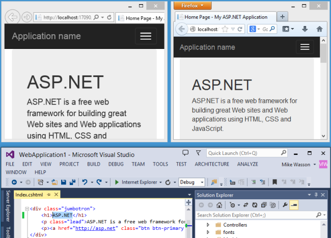 Screenshot of A S P dot Net project, with application running in two browsers, side-by-side, and project displayed below in Visual Studio.