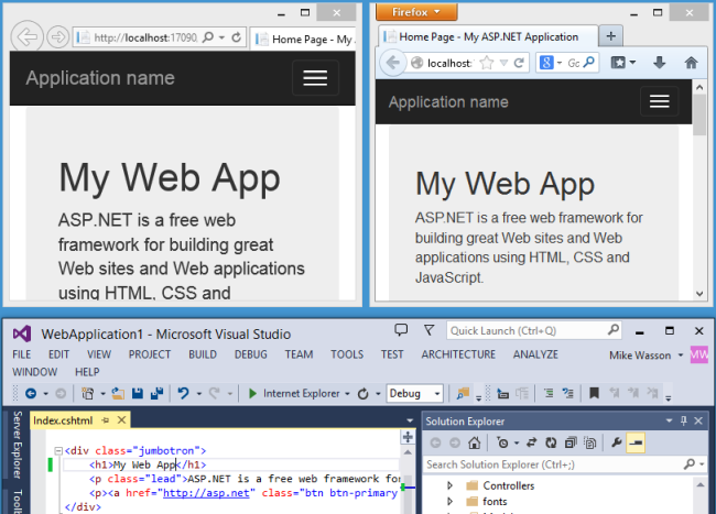 Screenshot of A S P dot Net project, with changes appearing in browser windows displayed side-by-side, and project displayed below in Visual Studio.