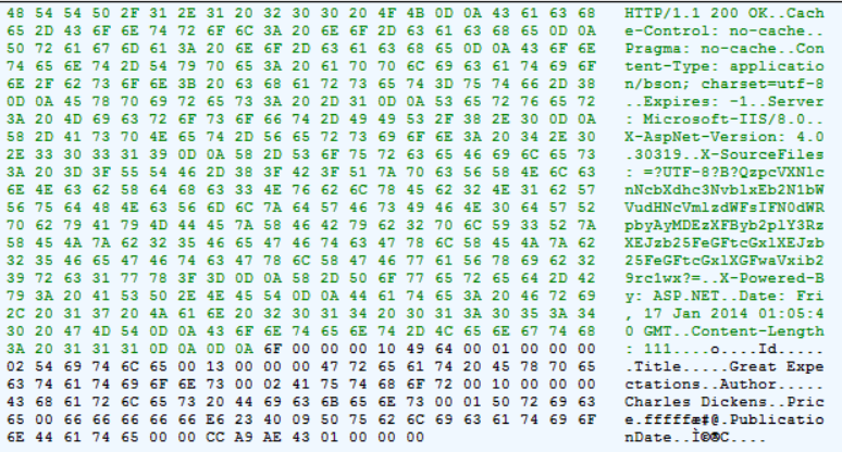Screenshot of a window pane showing the binary data's raw hex values in the colors green on the top and middle, and black at the bottom.