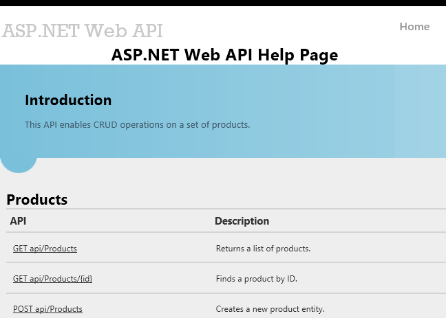 Screenshot of the A S P dot NET A P I help page, showing the available A P I products to select from and their descriptions.