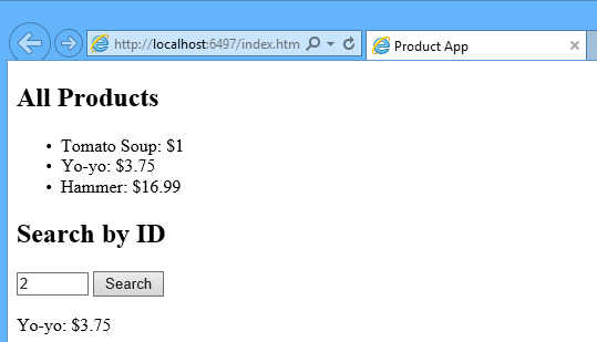Screenshot of the local host browser window, showing the sample project with a list of products, their prices, and a search by I D field and button.