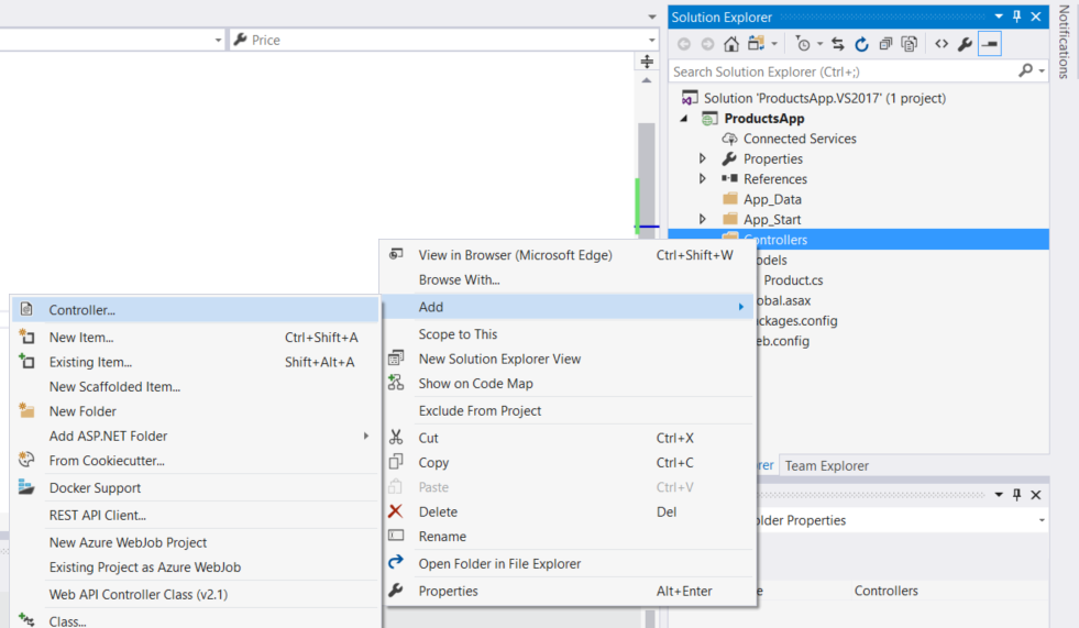 Screenshot of the solution explorer menu, displaying visual guidance for adding a controller class to the project.