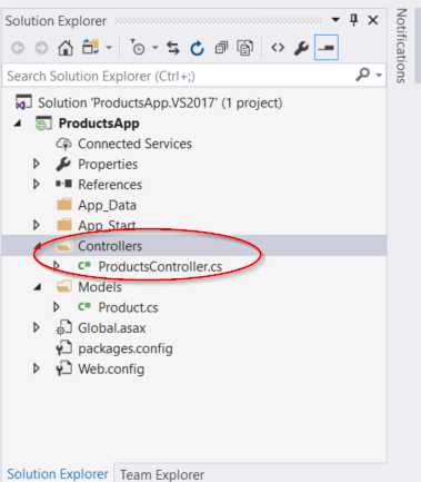 Screenshot of the solution explorer menu options, circling the newly created option called 'products controller dot C S in the controllers folder.