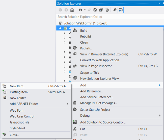 Screenshot of the solution explorer menu options, showing a visual guide for how to add a new project item.
