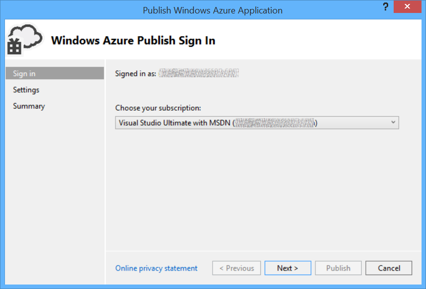 Screenshot of the 'publish Azure application' after sign in, prompting user to choose a subscription type before continuing to the next step.