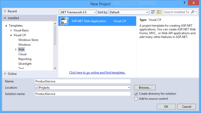 Screenshot of the new project window, showing the path to the template pane, and displaying highlighted directions to select the A S P dot NET Web Application option.