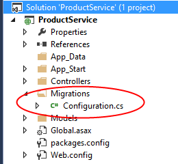 Screenshot of the solution explorer's product service menu, circling the newly added folder called migrations, and showing the file within it.