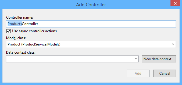Screenshot of the add controller dialog box, displaying fields for controller name, model class drop down list, and data context class.