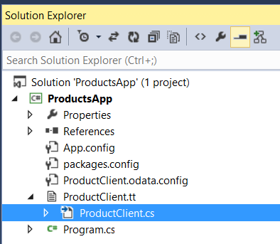 Screenshot of the solution explorer window menu, highlighting the product client dot c s file that was created, which defines the proxy.