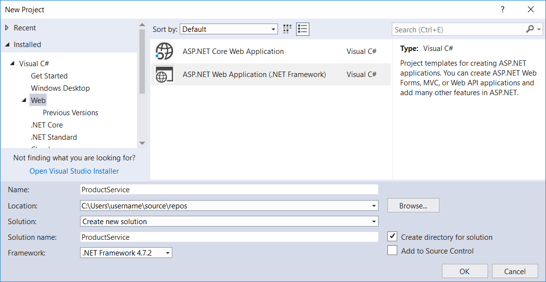 Screenshot of the visual studio new project window, showing menu options to create an A S P dot NET Web Application with the dot NET Framework.
