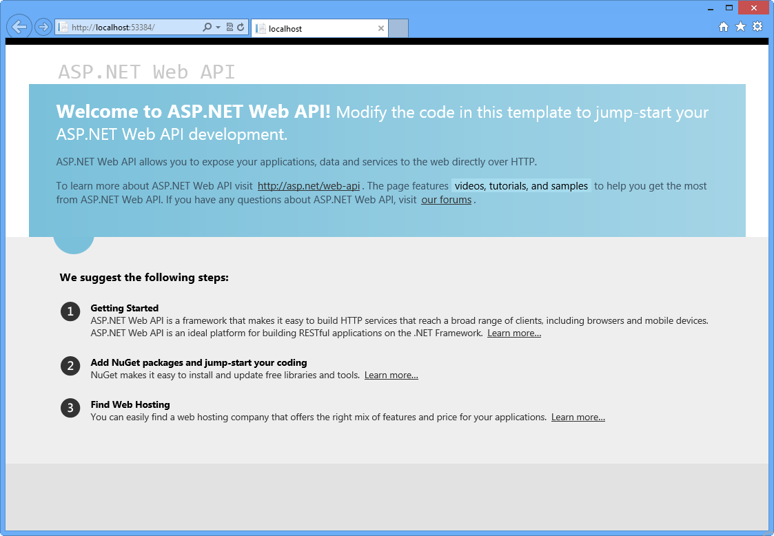 The default home page of an ASP.NET Web API application