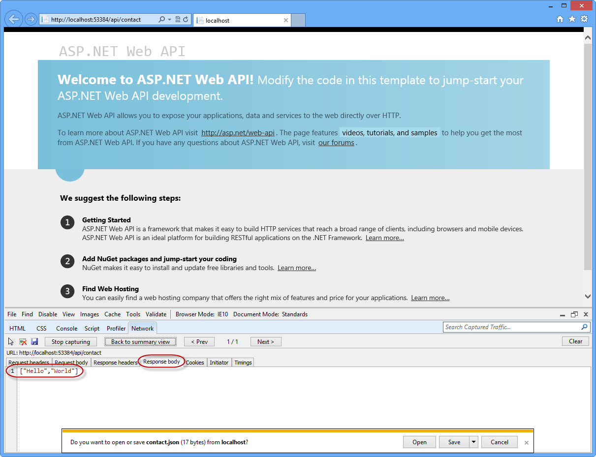 Viewing the JSON output text in the network monitor