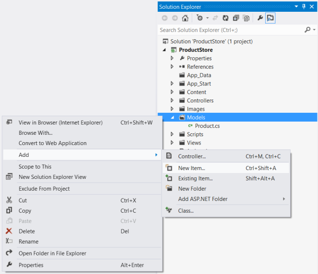 Screenshot of the solution explorer menu, which highlights the models option and brings up a menu to add a new item.