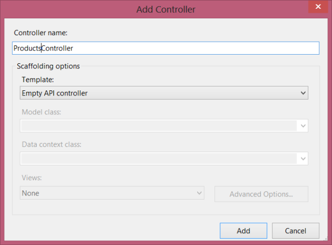 Screenshot of the add controller window, showing the controller name field to enter a name, and a dropdown templates list, under scaffolding options.