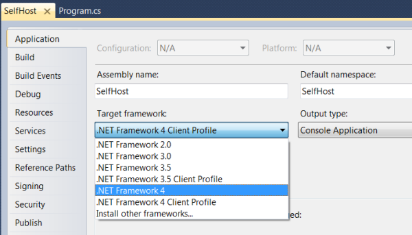 Screenshot of the Solution Explorer window showing the Target Framework dropdown list with the dot NET Framework 4 item, which is highlighted in blue.