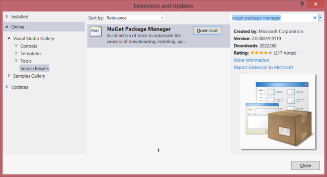 Screenshot of the Extensions and Updates dialog box showing NuGet Package Manager in the search results, which is highlighted in gray.