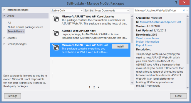 Screenshot of the Manage NuGet Packages dialog box showing Microsoft A S P dot Net Web A P I Self Host, which is highlighted in blue.