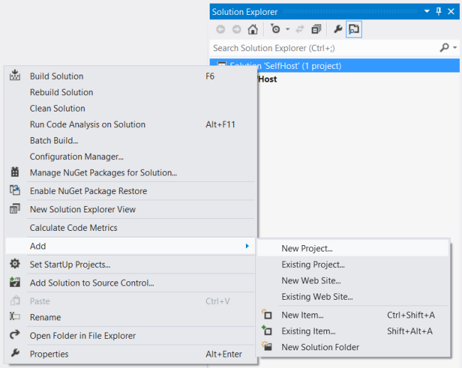Screenshot of the Solution Explorer showing the right-click menu items Add and New Project, which is highlighted in white.