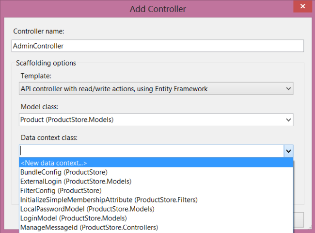 Screenshot of the Add Controller dialogue box. The data context class menu is open and new data context is highlighted.