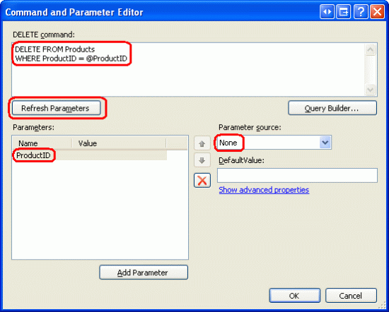 Screenshot showing the Command and Parameter Editor window with the <span class=