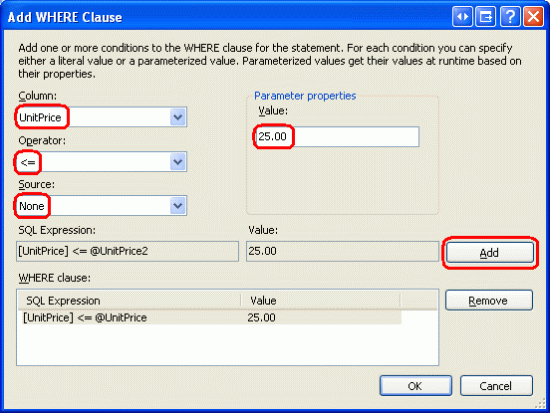 Limit the Results Returned from the Add WHERE Clause Dialog Box