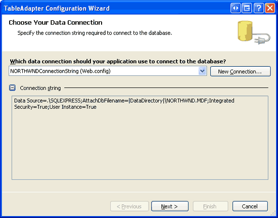 The First Step of the TableAdapter Configuration Wizard