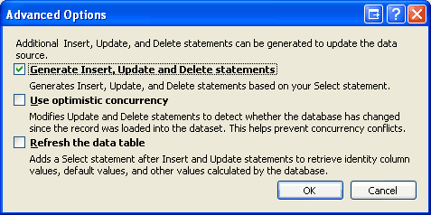 Leave the Generate Insert, Update and Delete statements Option Checked