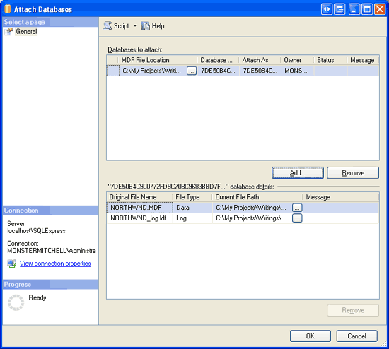 Screenshot of the Attach Databases window showing how to attach to a database MDF file.
