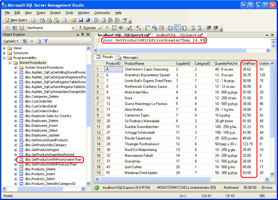 Screenshot of the Microsoft SQL Server Management Studio window showing the GetProductsWithPriceGreaterThan stored procedure executed, which displays products with a UnitPrice greater than $24.95.