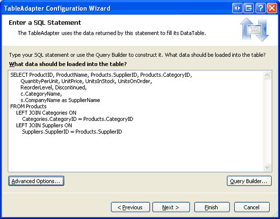 Screenshot showing the TableAdaptor Configuration Wizard window with a query entered that contains JOINs.