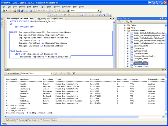 The Stored Procedures Results are Displayed in the Output Window