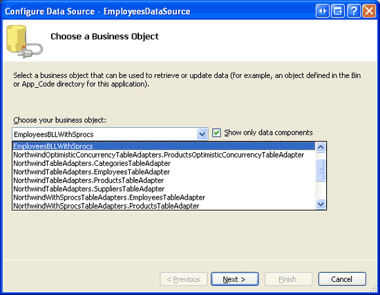 Configure the ObjectDataSource to Use the EmployeesBLLWithSprocs Class