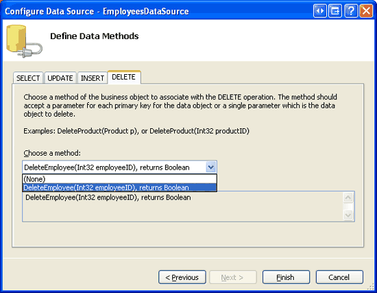 Have the ObjectDataSource Use the GetEmployees and DeleteEmployee Methods