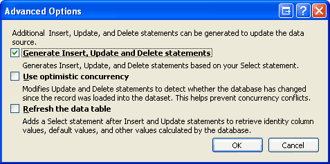 Screenshot showing the Advanced Options window with the Generate Insert, Update and Delete statements checkbox selected.