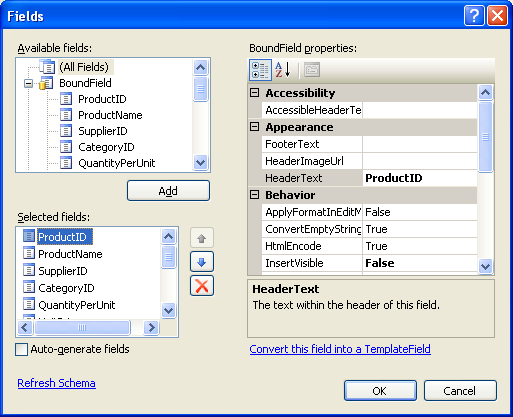 Manage the GridView's BoundFields Through the Edit Columns Dialog Box