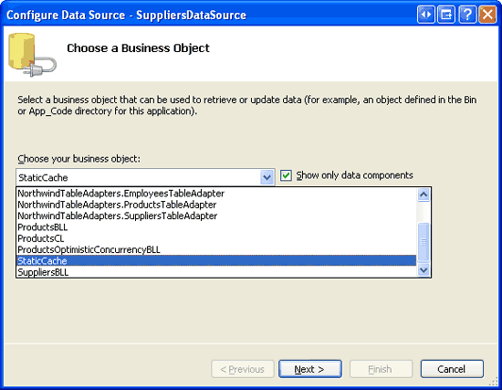 Configure the ObjectDataSource to use the StaticCache Class