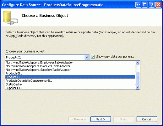 Configure the ObjectDataSource to Use the ProductsCL Class
