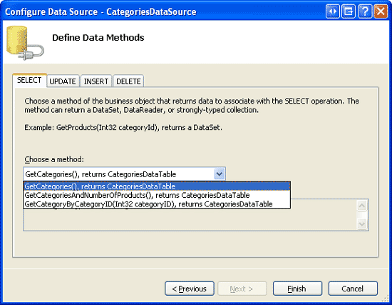 Configure the ObjectDataSource to Use the CategoriesBLL Class s GetCategories() Method